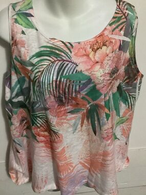 Tropical Floral Scoop Neck Tank Top - Pink & Green size XL